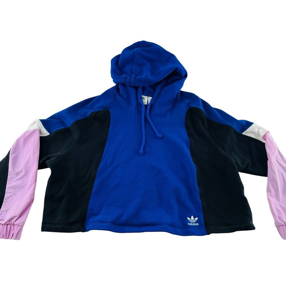 Adidas Womens Blue/Black/Pink Colorblock Hoodie Size M Cotton/Elastane cropped‎